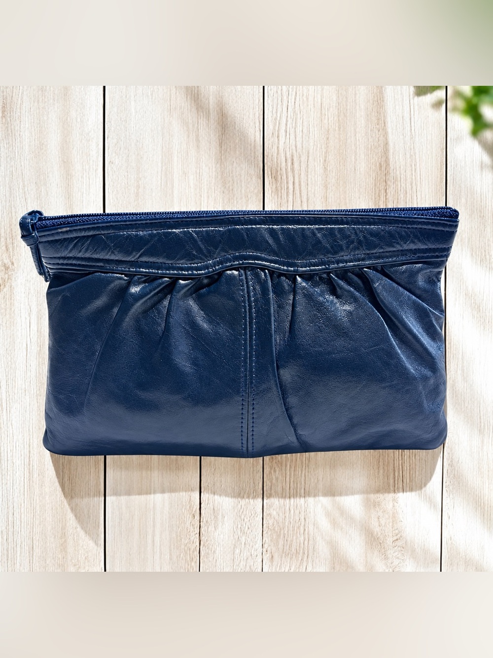 Vintage Antonia Designs Blue Leather Gathered Zipper Clutch Bag